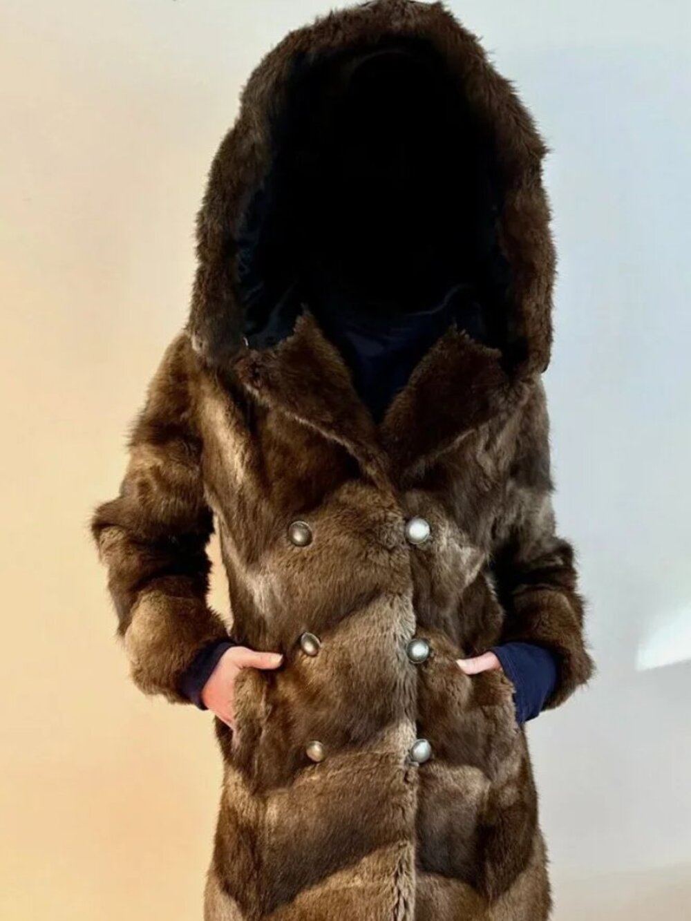 Genuine Beaver Fur Coat Vintage Luxury Hood Buttons Pockets Chevron Pattern